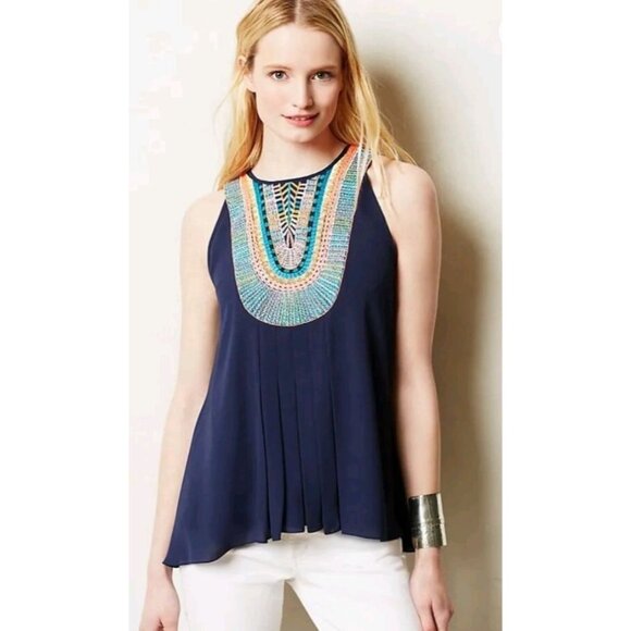 Ranna Gill By Anthropologie Blouse Small Embroidered Lined Swing Tank Top Navy - Picture 1 of 16